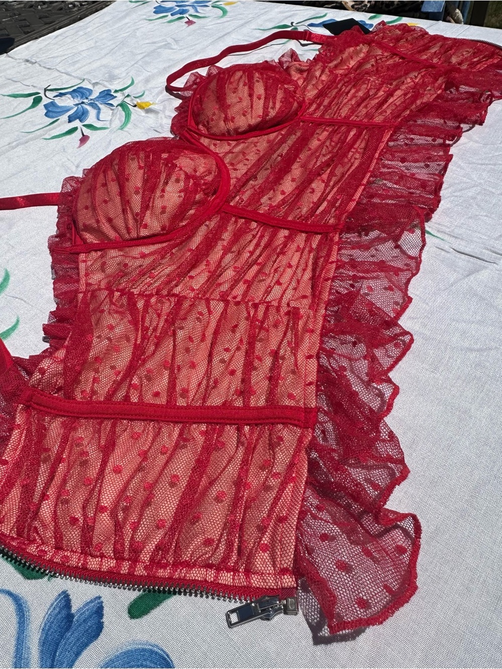 Red Sheer Polka-Dot Mesh Corset Tank Top